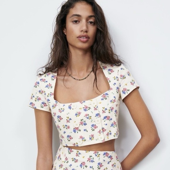 Zara Linen Double Breasted Floral Cropped Top (Med) - Picture 1 of 6